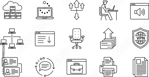 Set of business and technology line icons including cloud storage, networking, data transfer, VPN security, office tools, communication, workflow, minimal outline vector illustration