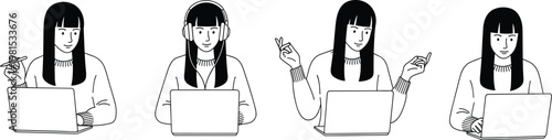 Set of young woman working on laptop in different poses, online learning, remote work, communication, digital lifestyle, freelancer concept, minimal line art illustration