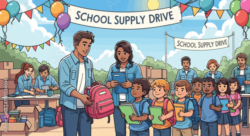 School Supply Drive Volunteers and Children Receiving Donations.