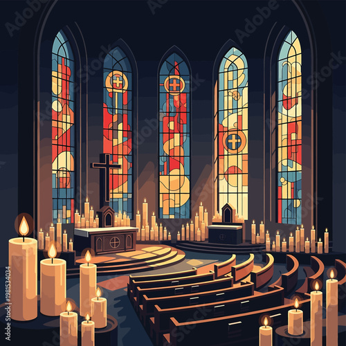 Interior of a candlelit church.