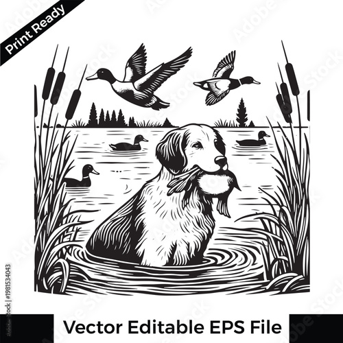 Black and white illustration of dog retrieving duck in water with ducks flying
