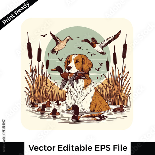 Vector illustration of dog holding duck in water with cattails and birds flying
