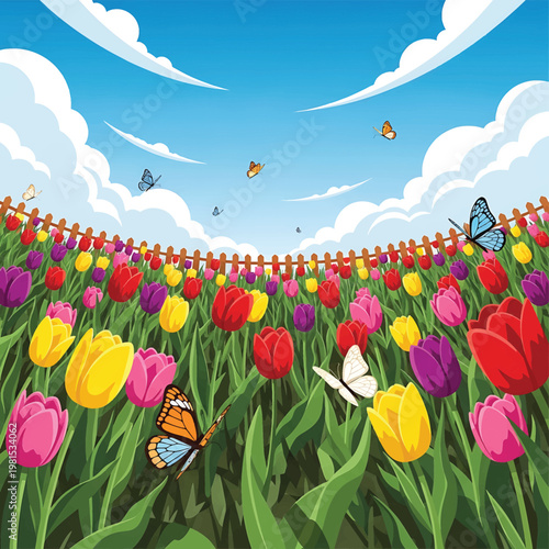Colorful Tulips in a Field Blooming.