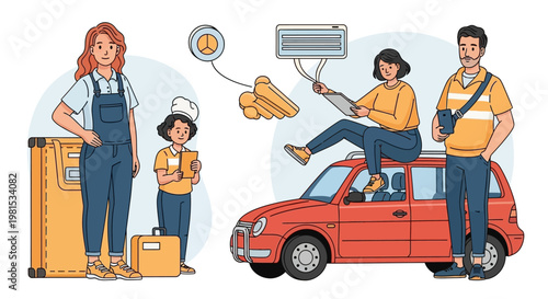 Family moving to new home, loading car with belongings, air conditioner installation