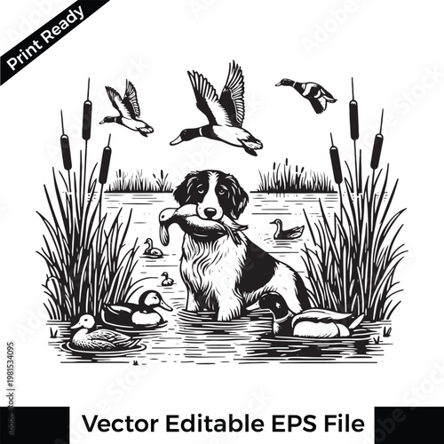 Black and white illustration of dog catching duck in water with flying ducks and cattails