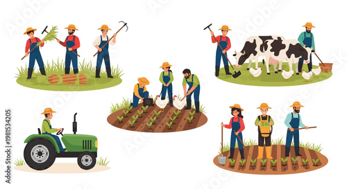 Farmers Working Together on a Farm: Harvesting, Planting, and Caring for Livestock
