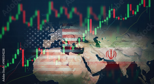 USA-Iran economic tension concept with stock market chart overlaying the United States and Iran flags on a world map background