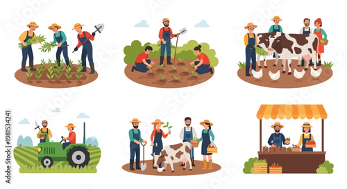 Farming life: diverse agricultural scenes with farmers, animals, crops, and market stall