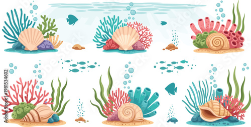 Fényképezés Vibrant and Colorful Underwater Coral Reef Scene Set with Seashells, Fish, and B