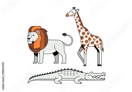 African Safari Animals Vector Illustration Lion, Giraffe, and Crocodile