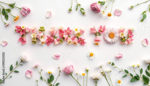 Love Word Made of Flowers, Romantic Floral Typography Minimal Background