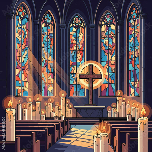 Cross in a church with candles.