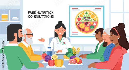 Nutritionist consulting with diverse group of people about healthy eating.