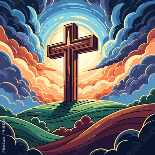 Large brown cross on a hill.