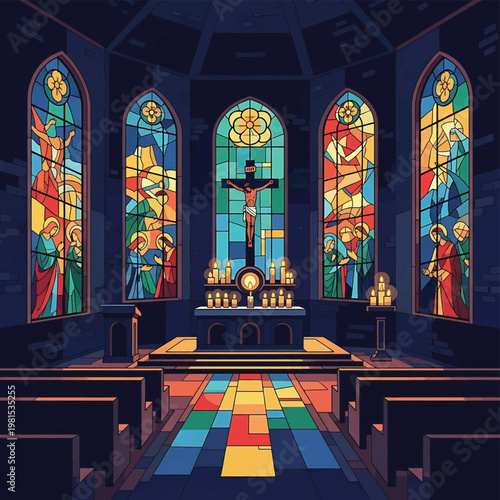 Stained glass church windows crucifix.