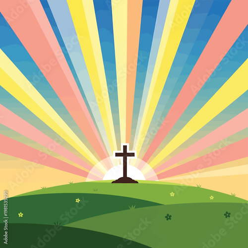 Cross on a hill with sunburst.