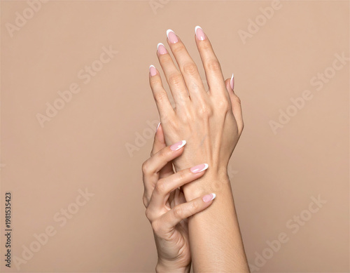 Beautiful Female Hands with French Manicure, Clean Minimal Beauty Background