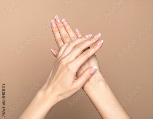 Beautiful Female Hands with French Manicure, Clean Minimal Beauty Background