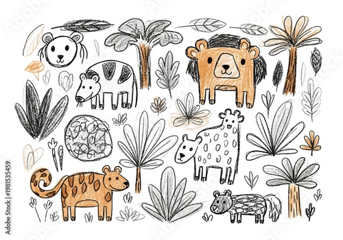 Hand-drawn Jungle Animals Vector Illustration for Kids' Drawings