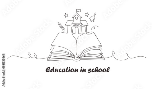 One continuous line drawing of Opened book. Education in school and library studying in simple linear style.Writing draft business in Editable stroke. Doodle vector illustration.