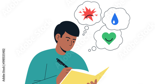 Man thinking with thought bubbles.