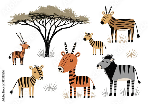 Cute African Animals in a Savannah Landscape - Vector Illustration for Kids
