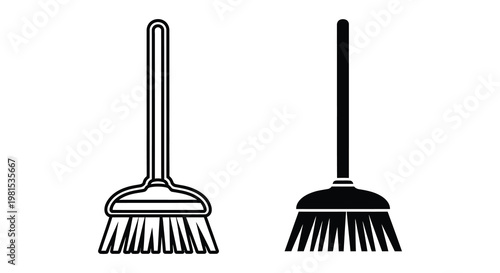 Two black and white illustrations of brooms differing in bristle density silhouette