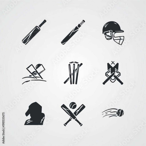 Cricket equipment icons set, cricket gear symbols.A collection of cricket icons featuring various equipment and gear, ideal for sports-related marketing, advertising, and editorial content.
