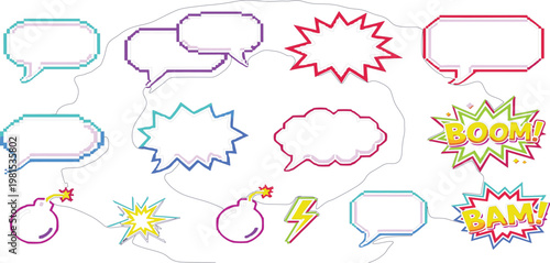 Comic Speech Bubble and Explosion Icon Set with Boom and Bam Text, Retro Pop Art Style Elements for Chat Messages, Stickers, UI Design and Graphic Illustration