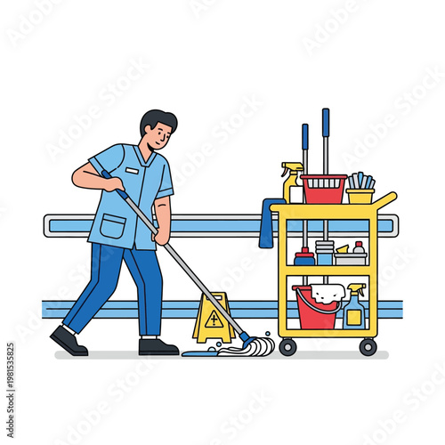 Man cleaning floor with mop and cart.