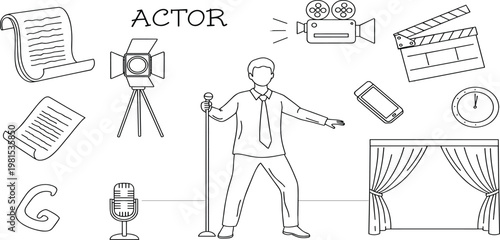 Actor Performance Illustration with Stage, Microphone, Script, Camera, and Film Production Elements for Theater, Cinema, Audition, and Entertainment Industry Design