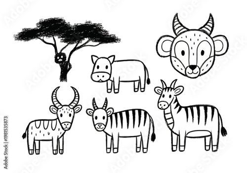 Vector drawing of cute safari animals for kids with lion and zebra illustrations