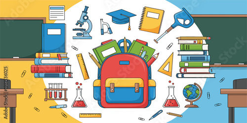 Back to School Concept with Backpack, Books, Stationery and Science Equipment, Educational Illustration for Students, Learning Supplies, Classroom Essentials and Academic Design