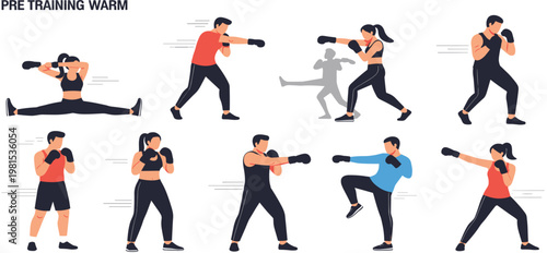 Boxing Training Warm Up Illustration Set with Fighters Performing Punches, Kicks and Fitness Exercises for Sport Workout, Martial Arts Practice and Coaching Design
