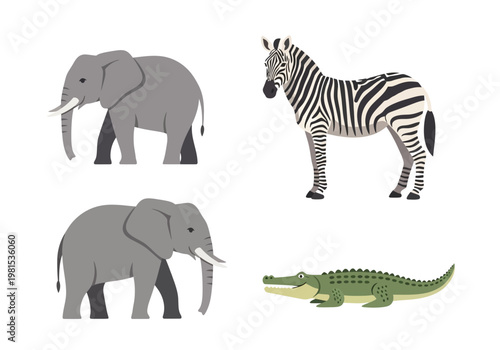 A charming vector animal drawing collection featuring elephants, a zebra, and a crocodile, perfect for educational content and children's projects
