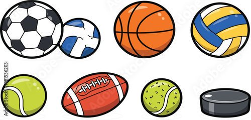 Cartoon Sports Balls Set with Soccer Basketball Volleyball Tennis and American Football Icons for Game Design, Kids Illustration and Athletic Equipment Graphics