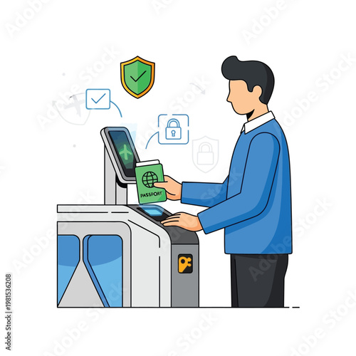 Man using automated passport control kiosk for travel.