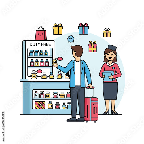 Man selecting perfume in a duty free shop with attendant.