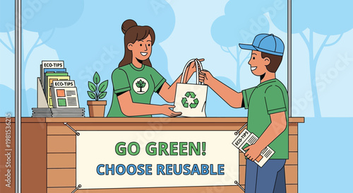 Man receives reusable bag from cashier promoting green living.