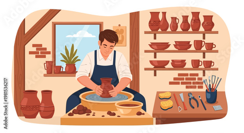 Man skillfully crafting pottery on a spinning wheel.