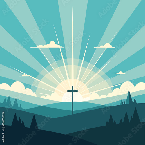 Cross standing on hilltop at sunrise.