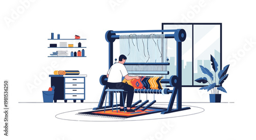Man weaving a colorful carpet on a large loom.