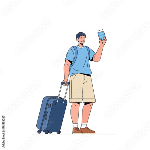 Man with Suitcase and Passport Ready for Travel.