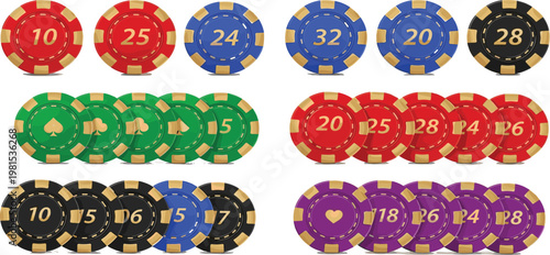 Casino Poker Chips Collection with Various Colors and Number Values for Gambling, Betting, Game Design, Poker Sets and Casino Table Elements Illustration