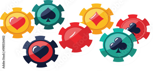 Colorful Casino Poker Chips with Card Suit Symbols Hearts Spades Clubs and Diamonds for Gambling, Betting, Game Design and Entertainment Graphics