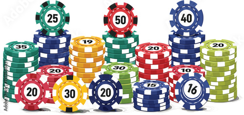 Colorful Casino Poker Chip Stacks with Number Values for Gambling, Betting, Game Design, Casino Tables and Financial Token Illustration Elements