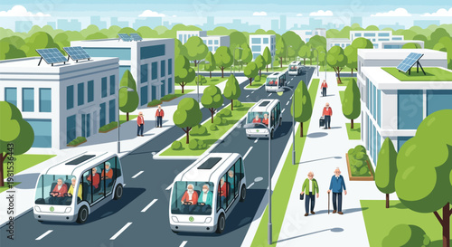 Modern Autonomous Buses Navigating a Green City Street.
