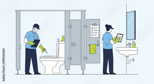 Two Cleaners Inspecting Public Restroom Facilities.