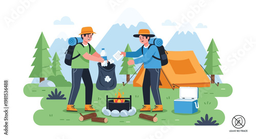 Two hikers setting up camp near a tent and campfire.