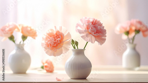 Soft Carnation Flowers in Minimal Vase Sunlight Home Interior Spring Mood